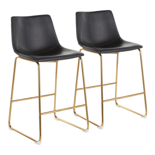 Pair of Lumi Source Duke contemporary counter stools with sleek wooden seats and metal legs, set of two.