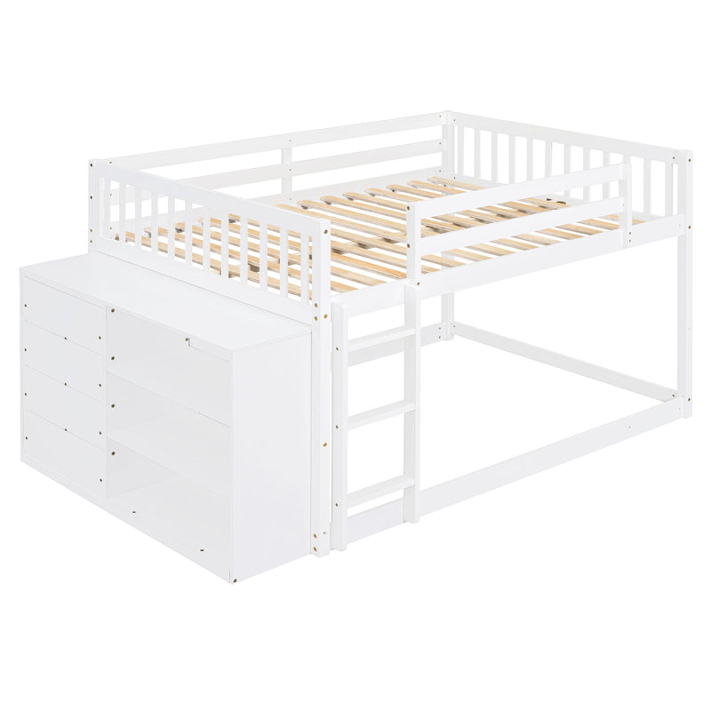 DreamHaus bunk bed with built-in four drawers and three shelves, featuring a sturdy wooden frame and modern design.