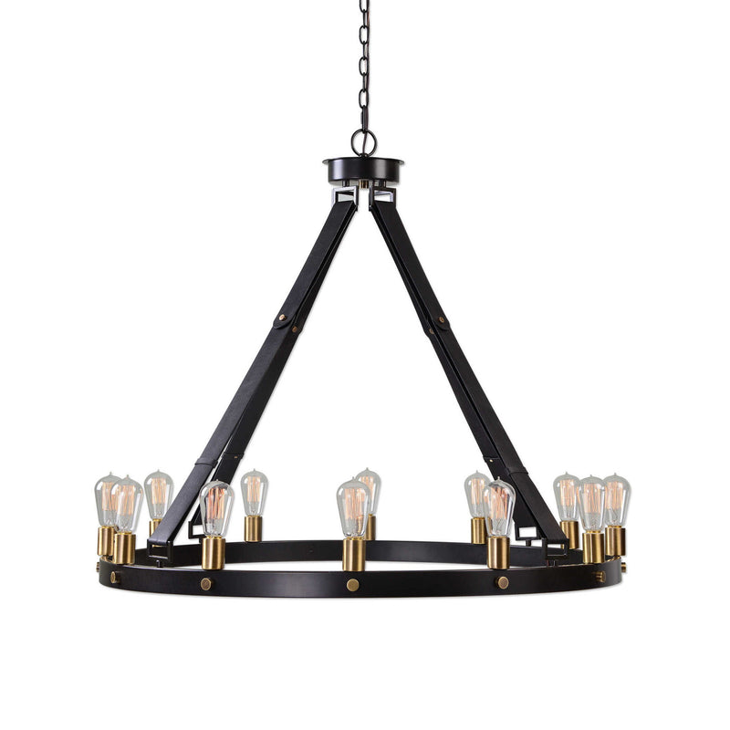 Black Marlow 12-light circle chandelier by Uttermost featuring modern design with a circular frame and multiple exposed bulbs.
