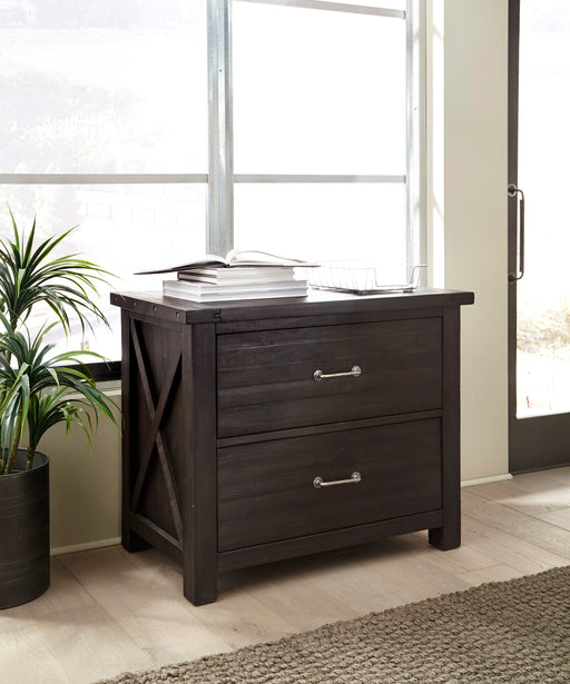 Yosemite solid wood lateral file cabinet in Cafe finish, Modus standalone storage furniture with sleek design and metal handles.