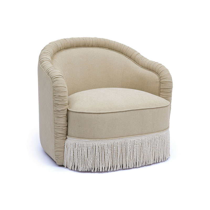 TOV Furniture Pamela chenille tassel lounge chair in tan with plush upholstery and decorative tassels, perfect for accent seating.