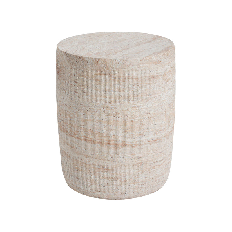 Beige lightweight concrete side table with travertine top by Noble House, suitable for outdoor or indoor use.