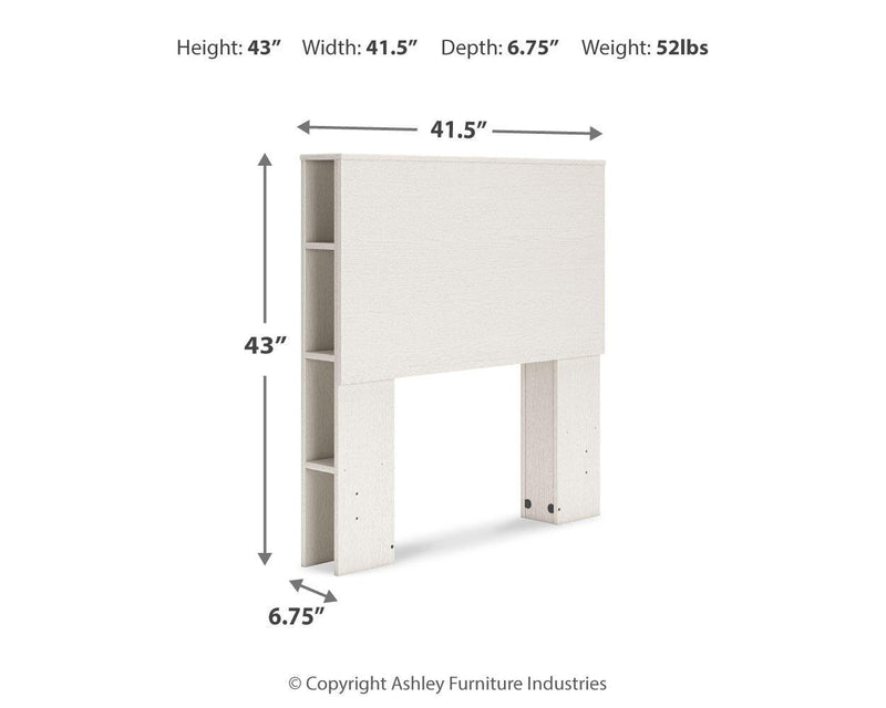 Signature Design by Ashley Aprilyn bookcase headboard with built-in shelves and a modern wood finish, ideal for bedroom storage.