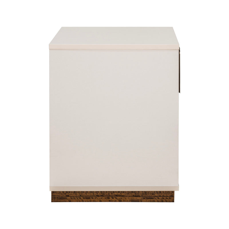 Michael Amini Pavira accent nightstand with elegant wood finish and decorative drawer hardware, ideal for bedroom decor.