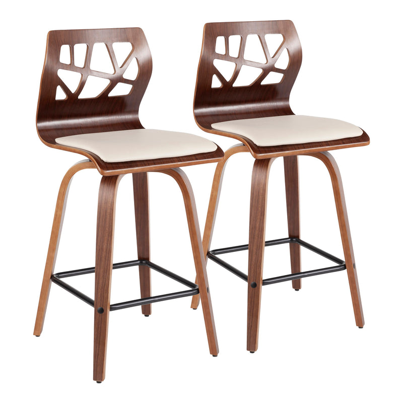 Pair of Lumi Source Folia mid-century modern counter stools with wooden seats and metal legs, set of two, for kitchen or bar seating.