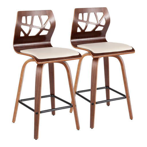 Pair of Lumi Source Folia mid-century modern counter stools with wooden seats and metal legs, set of two, for kitchen or bar seating.