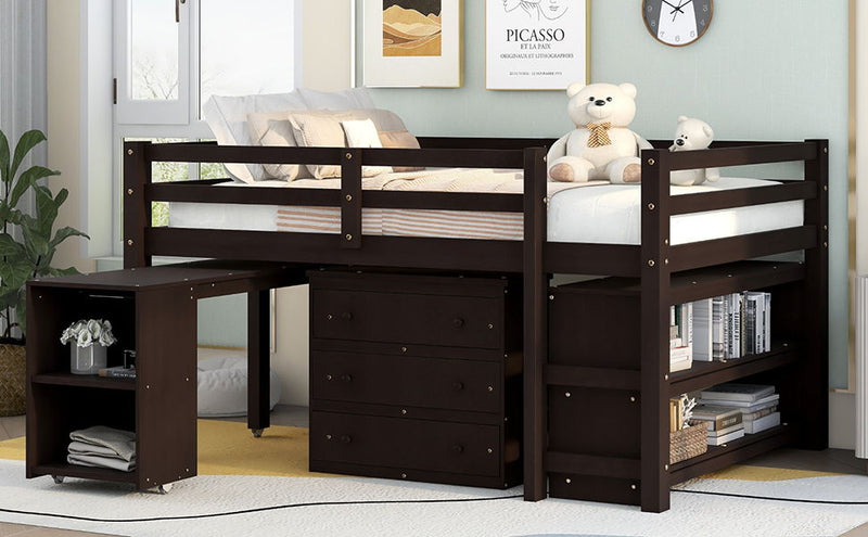 DreamHaus loft low study bed with built-in cabinet, shelves, and rolling desk, showcasing its multifunctional design and compact style.