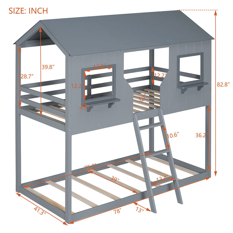Twin Over Twin Bunk Bed With Roof, Window, Guardrail, Ladder - R&R Furniture Gallery (Fountain Valley, CA)