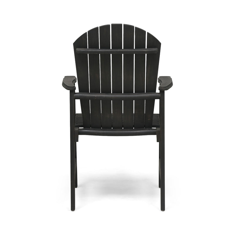 Set of two Noble House outdoor weather-resistant acacia wood Adirondack dining chairs with wide armrests and slatted backs.