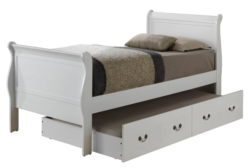 Elegant Glory Furniture trundle bed with classic design, showing the frame and storage drawer in a cozy bedroom setting.
