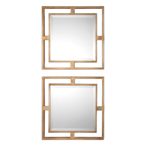 Pair of gold square wall mirrors by Uttermost, featuring sleek geometric design for modern interior decor.