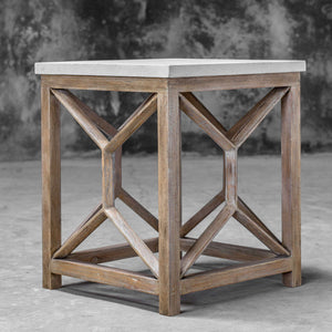 Uttermost Catali stone end table with white and light brown finish, showcasing a modern, textured surface and sleek design.