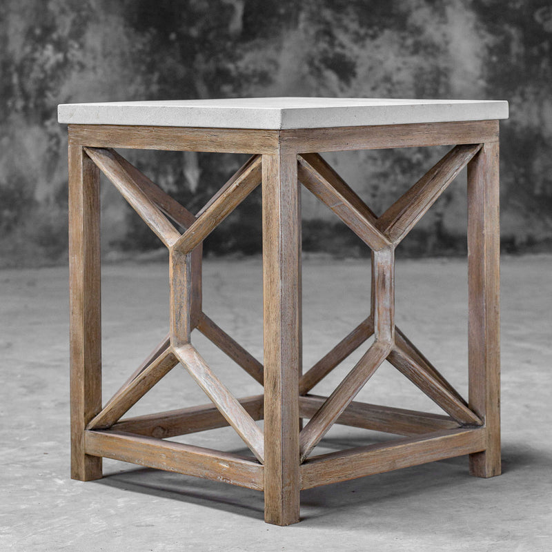 Uttermost Catali stone end table with white and light brown finish, showcasing a modern, textured surface and sleek design.