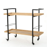 Modern industrial Noble House bar cart with shelving and casters, featuring a sleek design and ample storage space.