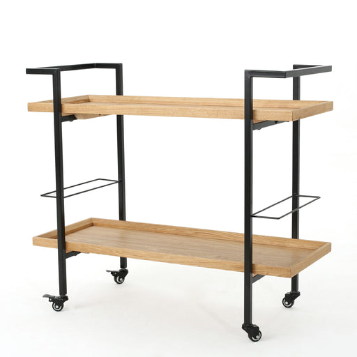 Modern industrial Noble House bar cart with shelving and casters, featuring a sleek design and ample storage space.