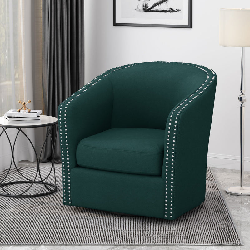 Noble House modern upholstered swivel club chair with nailhead trim, featuring plush fabric and a sleek design for stylish seating.