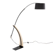 Lumi Source Robyn floor lamp with natural wood and black metal base, modern design standing on a wooden floor.