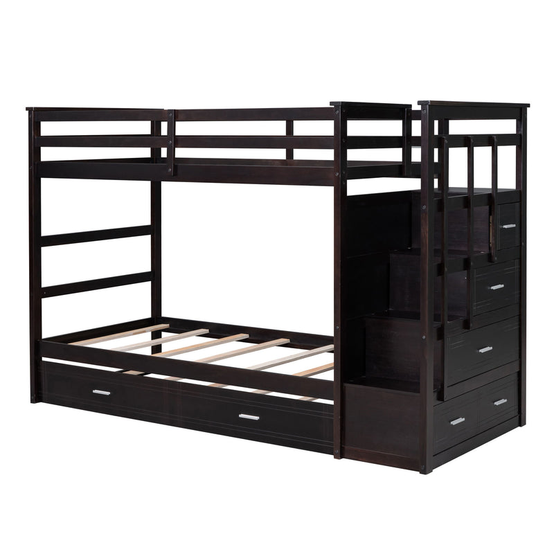 DreamHaus bunk bed with trundle and staircase, featuring sturdy wood construction and space-saving design for kids’ bedrooms.