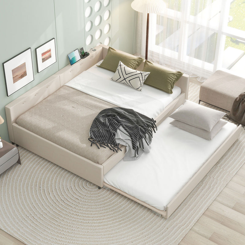 Queen Size Upholstered Platform Bed With USB And Twin Trundle - Beige - R&R Furniture Gallery (Fountain Valley, CA)