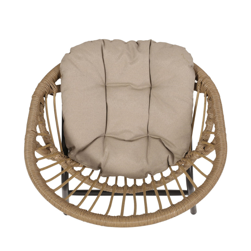 Set of two Noble House outdoor accent chairs with curved backs and basket frames in light brown and beige.