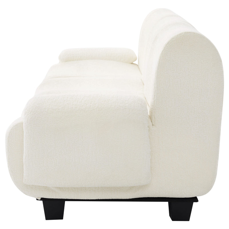 Noble House 3-seater sofa with curved armrests, stationary couch in neutral fabric, showcasing comfortable seating and modern design.