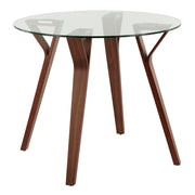 Lumi Source Folia mid-century modern round walnut and clear glass dinette table with sleek wooden legs.