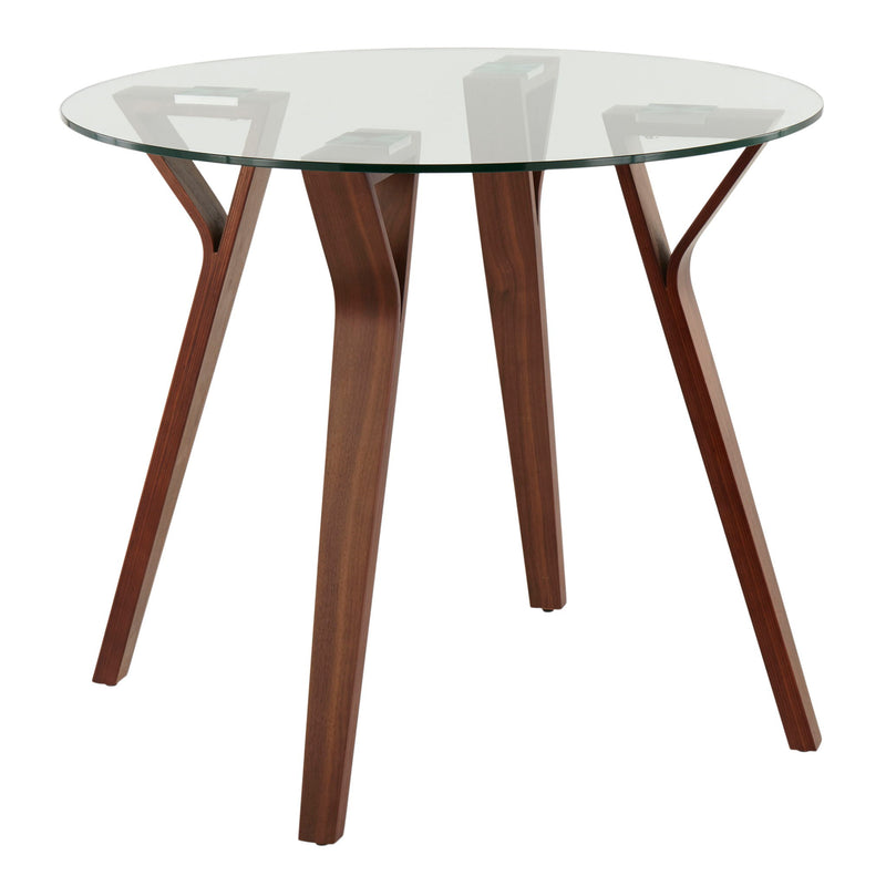 Lumi Source Folia mid-century modern round walnut and clear glass dinette table with sleek wooden legs.