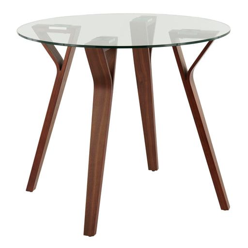 Lumi Source Folia mid-century modern round walnut and clear glass dinette table with sleek wooden legs.