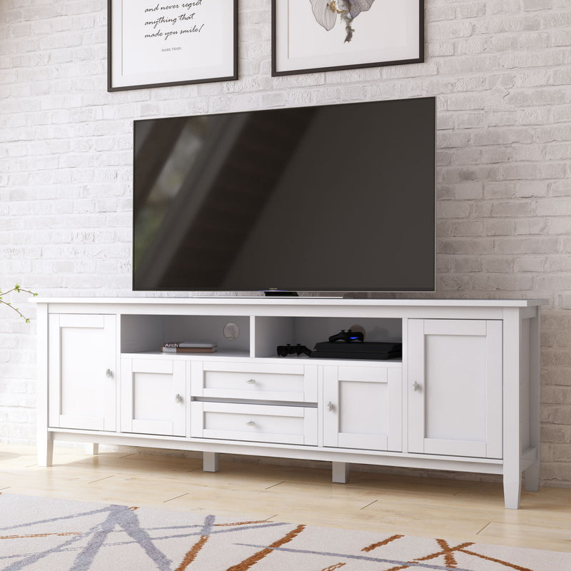 Handcrafted Warm Shaker TV media stand by Simpli-Home with open shelving and a rich wood finish, ideal for modern living rooms.