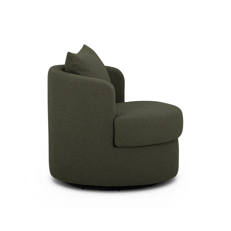 TOV Furniture Silvi swivel chair with a modern design, featuring a rounded cushioned seat and sleek metal base.