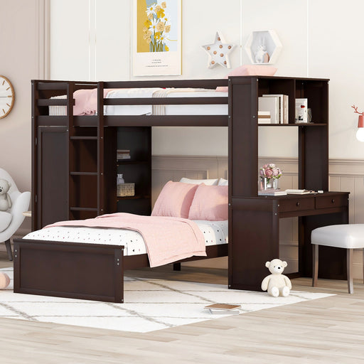 DreamHaus loft bed with built-in stand-alone bed, shelves, desk, and wardrobe for space-saving bedroom organization.