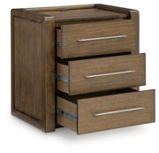Benchcraft Marxmore brown three-drawer nightstand with built-in charging station, featuring a sleek wood finish and modern design.