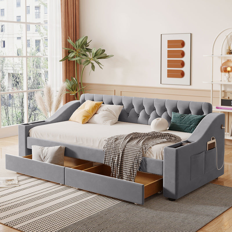 Upholstered Daybed With Storage Armrests And USB Port - R&R Furniture Gallery (Fountain Valley, CA)