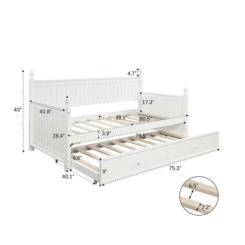 White DreamHaus twin size daybed with a matching twin size trundle bed, featuring a sturdy frame and clean, modern design.