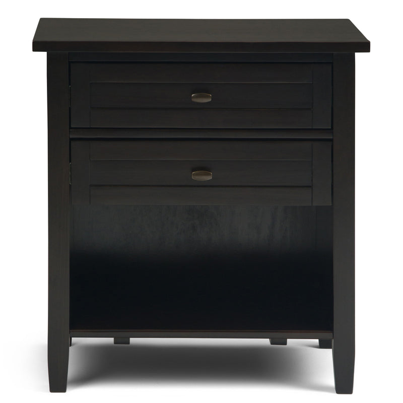 Handcrafted Warm Shaker bedside table from Simpli-Home, accent nightstand with a natural wood finish and functional drawer.