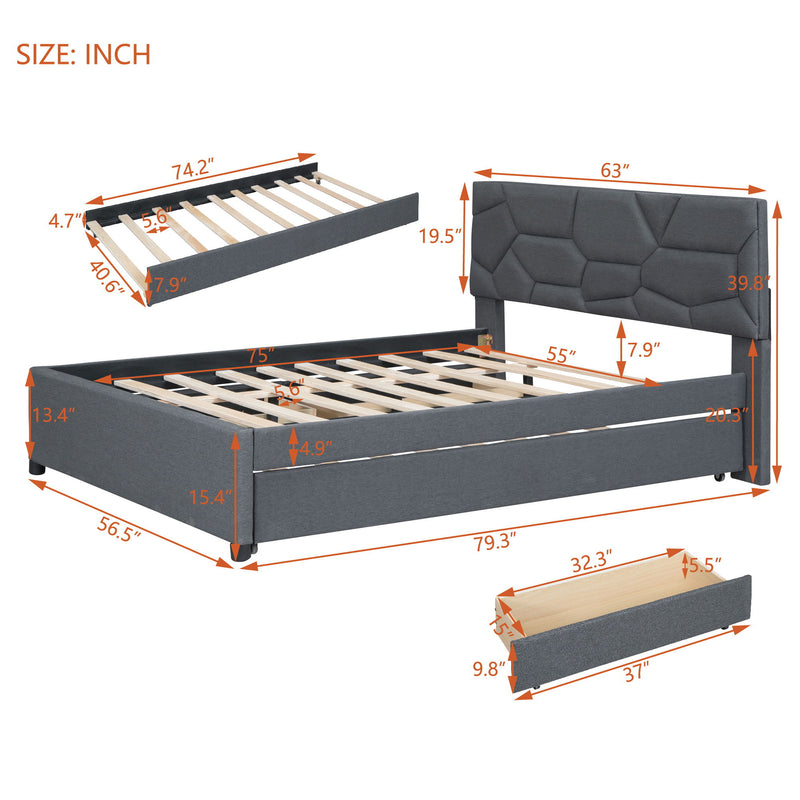 Upholstered Platform Bed With Brick Pattern Headboard And Twin Long Size Trundle - R&R Furniture Gallery (Fountain Valley, CA)