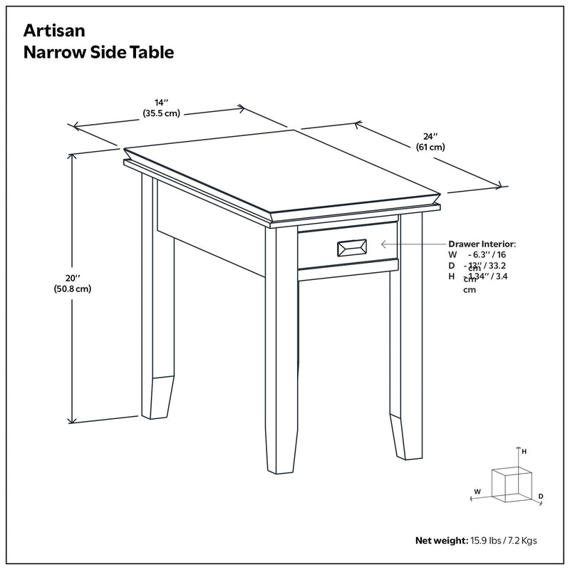Handcrafted narrow side table by Simpli-Home from Artisan collection, featuring a sleek wooden design with a smooth finish.