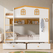 White and natural twin over twin bunk bed by Dreamland with house-shaped guardrails, storage shelves, and drawers.