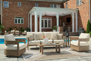 Signature Design by Ashley Serene Bay 5-piece outdoor lounge set with cushioned chairs, table, and umbrella.