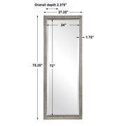 Silver metallic floor mirror with a sleek, modern frame by Uttermost, featuring a reflective mirror surface.