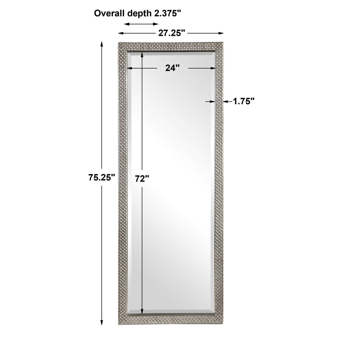 Silver metallic floor mirror with a sleek, modern frame by Uttermost, featuring a reflective mirror surface.