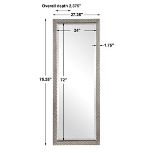 Silver metallic floor mirror with a sleek, modern frame by Uttermost, featuring a reflective mirror surface.