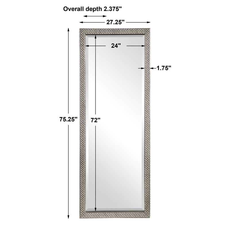 Silver metallic floor mirror with a sleek, modern frame by Uttermost, featuring a reflective mirror surface.