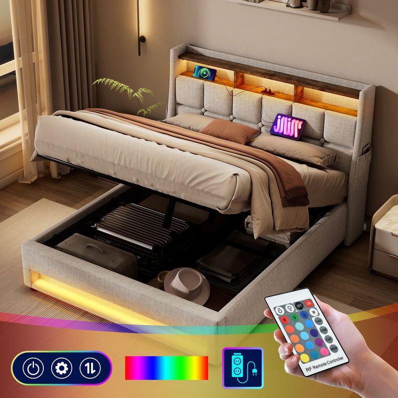 Artistry At Home upholstered platform bed with hydraulic storage, LED lights, and USB ports, shown without mattress in a modern bedroom setting.