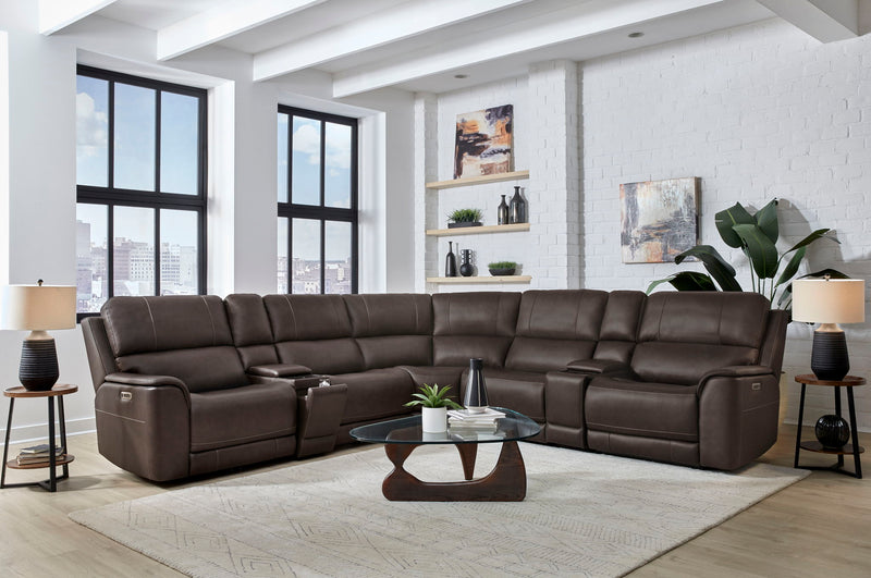 Parker Living Power Reclining Sectional with adjustable headrests, featuring plush cushions and modern design in a living room setting.