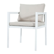 Two Noble House all-weather outdoor dining chairs with metal frames and woven rattan seats, set against a patio background.