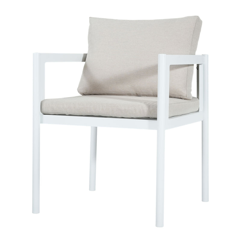 Two Noble House all-weather outdoor dining chairs with metal frames and woven rattan seats, set against a patio background.