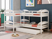 White twin L-shaped bunk bed with trundle from DreamHaus, featuring sturdy frame and space-saving design for kids' bedrooms.