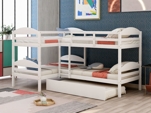 White twin L-shaped bunk bed with trundle from DreamHaus, featuring sturdy frame and space-saving design for kids' bedrooms.
