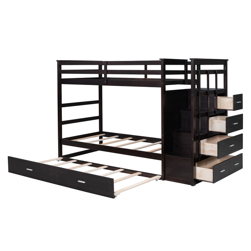 DreamHaus bunk bed with trundle and staircase, featuring sturdy wood frame, twin-sized beds, and a convenient storage staircase.